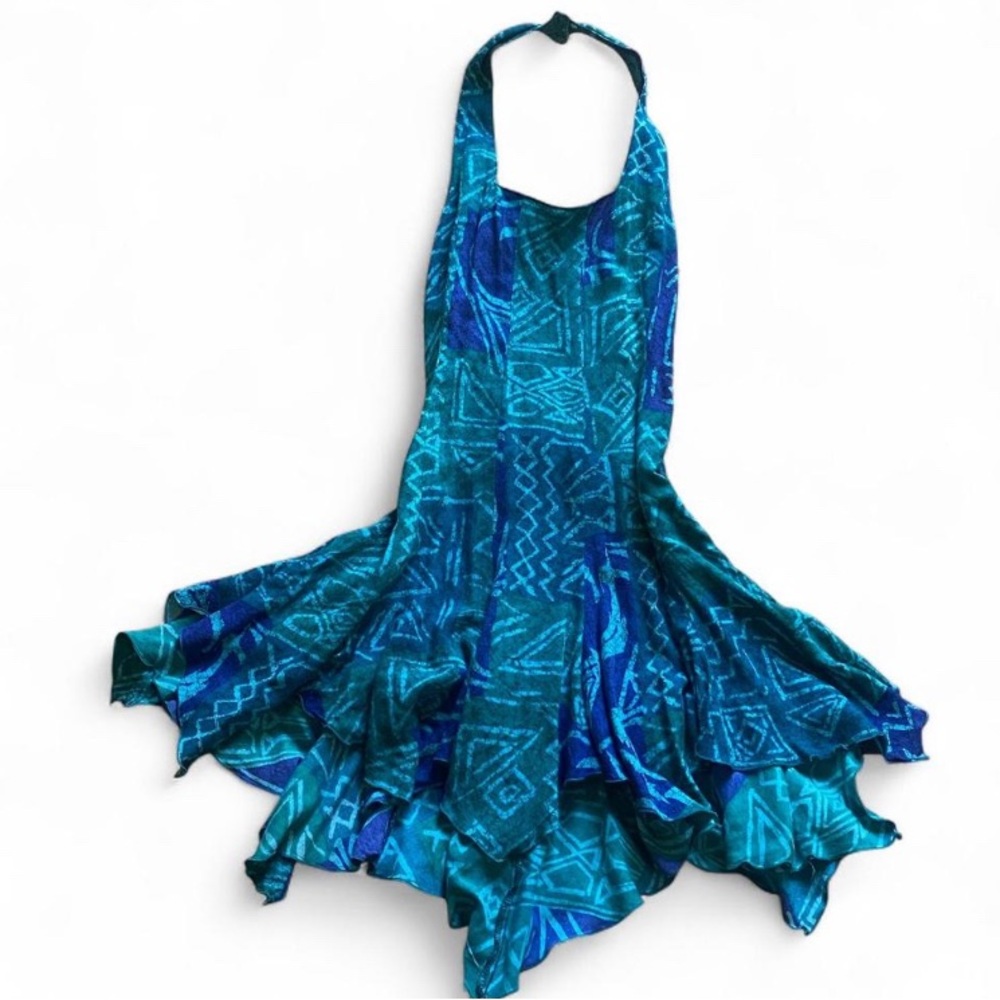 Vintage Y2K Asymmetrical Blue and Green Abstract Mini Dress